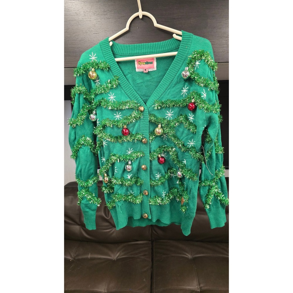 Tipsy Elves Womens Gaudy Garland Christmas Cardigan Green Tinsel Ornaments L